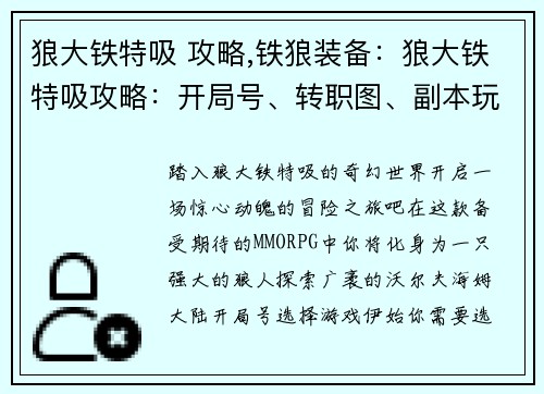 狼大铁特吸 攻略,铁狼装备：狼大铁特吸攻略：开局号、转职图、副本玩法深度解析